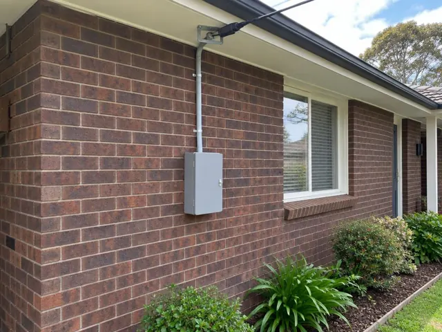 Brick house exterior with overhead service cable, point-of-attachment bracket and meter box on wall in Gosford