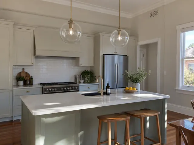 Kitchen island with two glass pendant lights, shaker cabinets and stainless fridge in Point Frederick